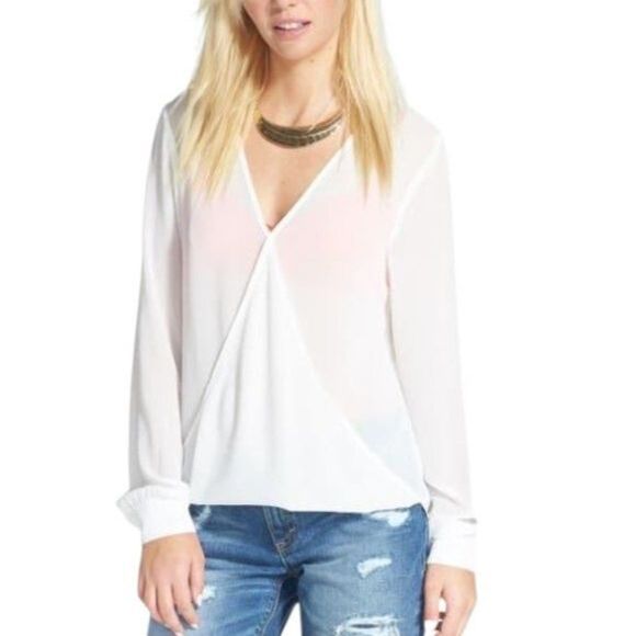 Wayf Ivory Sheer V Neck Wrap Front High Low Hem LS Blouson Blouse Size XS - Picture 1 of 13